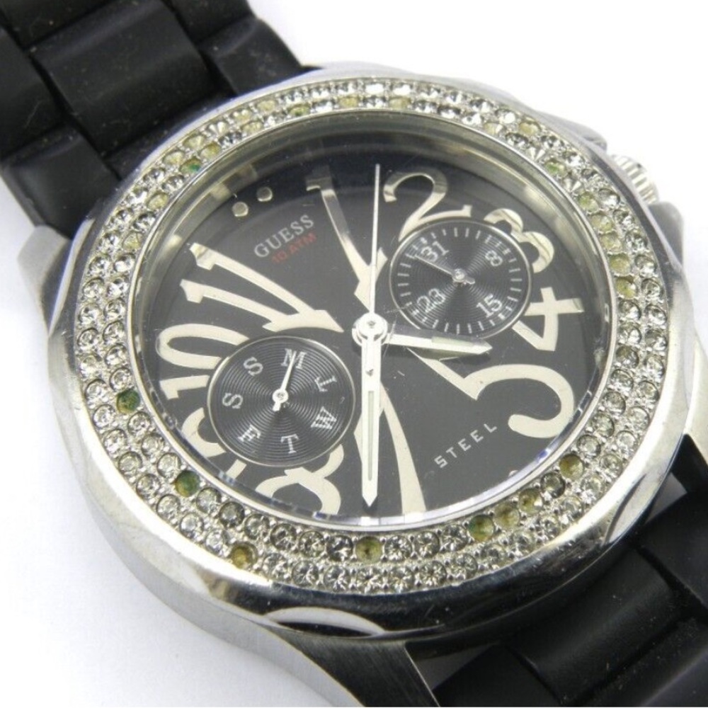 Guess Black and Silver Timepiece with Crystal Details